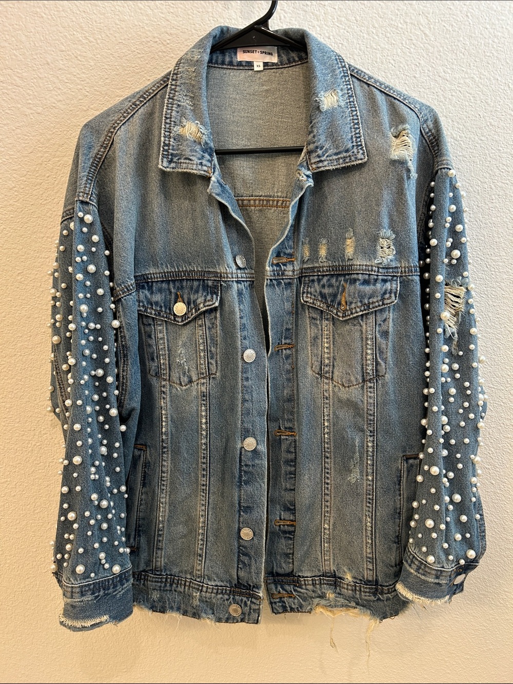 Pearl-Embellished Light Blue Distressed Denim Jacket - Unbranded